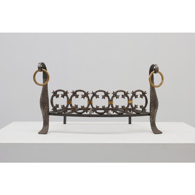 20th Century French Brass Firedogs and Wrought Iron Fireplace Grate, 1950s For Sale - Image 17 of 18