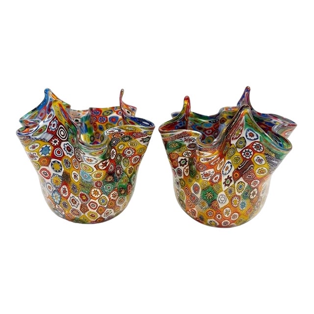 Mid 20th Century Murano Millefiori Glass Handkerchief Vases by Turtle and Crane - Venini Fazzoletto Style For Sale