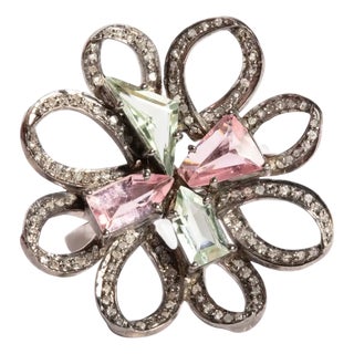 1990s Green Aquamarine, Morganite and Diamond Flower Cocktail Ring, Size 7.25 For Sale