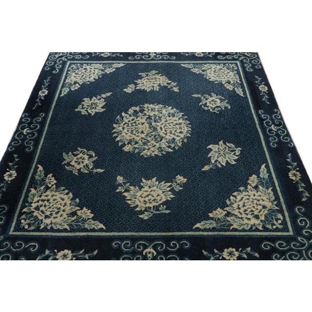 Art Deco Antique Chinese Peking Art Deco Rug in Blue With Ivory Floral Medallions For Sale - Image 3 of 7