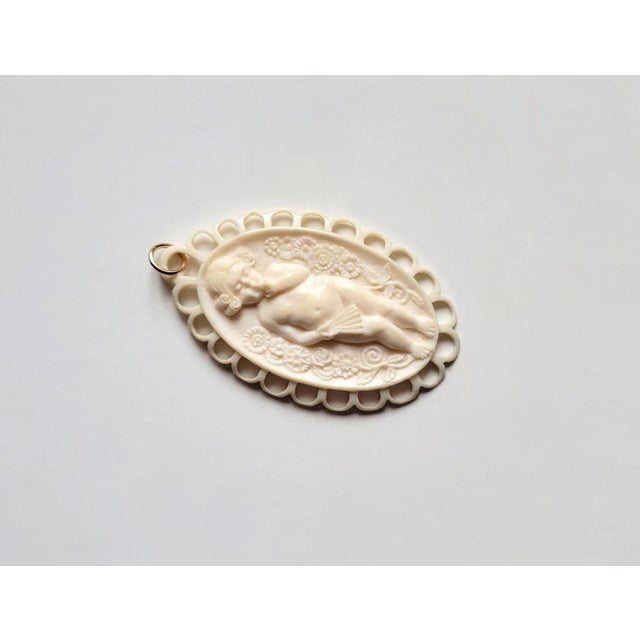 Rare Victorian Dieppe Carved Ivory Cameo Pendant, Angel With Flowers, French Antique, Circa 1840–1850 For Sale - Image 4 of 8