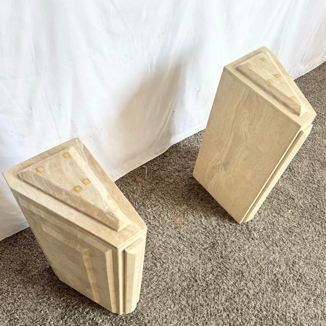 Vintage Glass Top Travertine Pedestal Console Table For Sale - Image 10 of 12