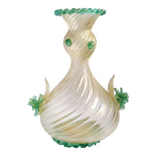 Vintage Murano Barovier Toso Green Roses Gold Flecks Italian Art Deco Style Glass Midcentury Flower Vase For Sale