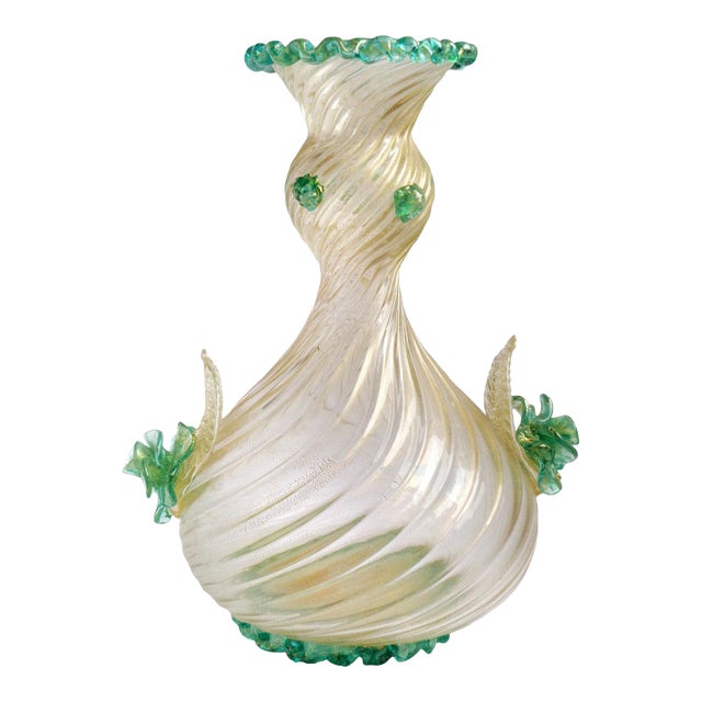 Vintage Murano Barovier Toso Green Roses Gold Flecks Italian Art Deco Style Glass Midcentury Flower Vase For Sale