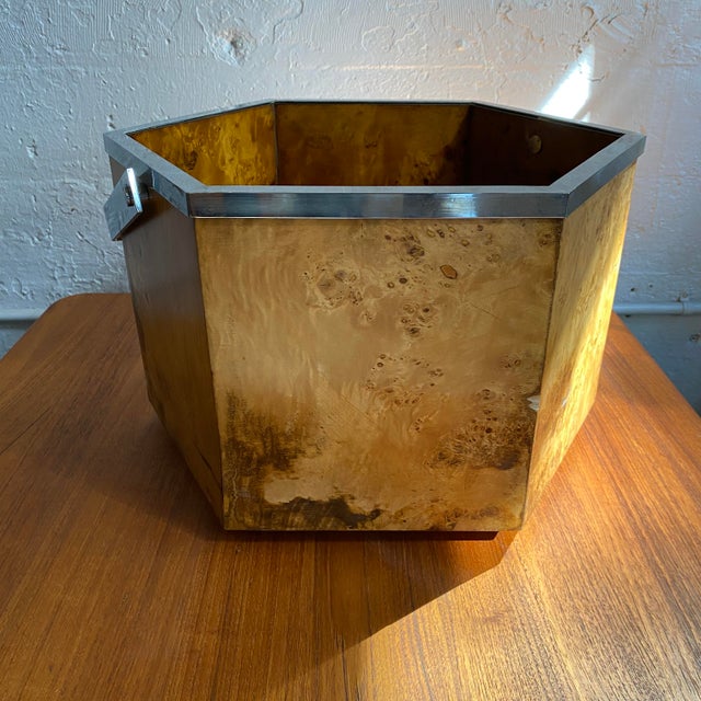 1970s Modernist Hexagonal Burl Olive Wood Chrome Handle Basket For Sale In New York - Image 6 of 8
