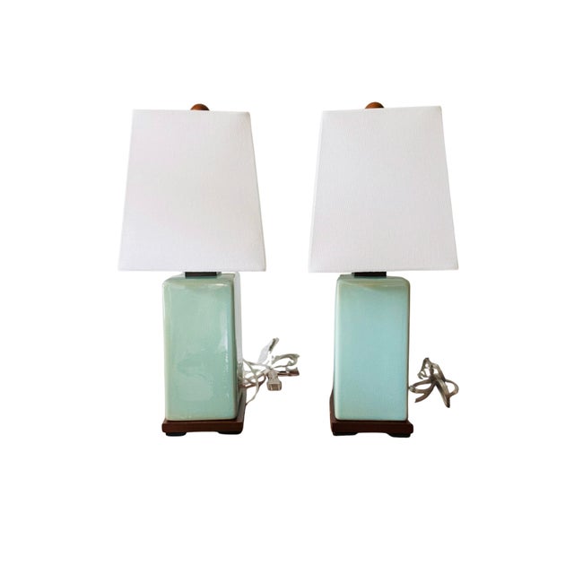 Lauren Ralph Lauren Pair of Lauren Ralph Lauren Celadon Crackle Glazed Porcelain Table Lamps | Coastal Modern Transitional Lighting With Original Shades For Sale - Image 4 of 15