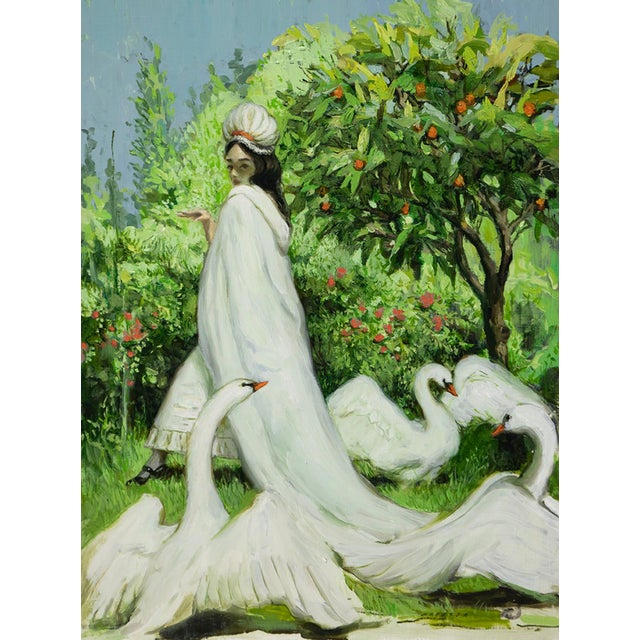 Swan-Princess by Nadezda | Oil on Panel Portrait of a woman in a white cloak in a lush setting For Sale - Image 4 of 5