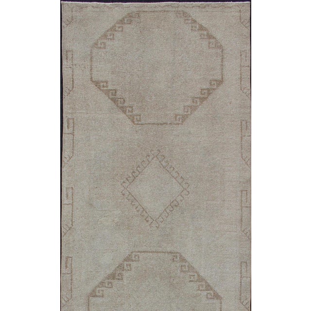 Grey and Cream Vintage Turkish Oushak Runner With Geometric Tribal Design For Sale - Image 4 of 12