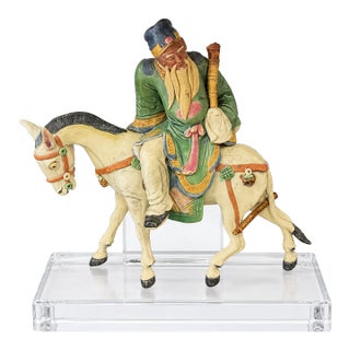 Early Chinese Immortal on Horseback Terracotta Roof Tile on Lucite - Figurine For Sale