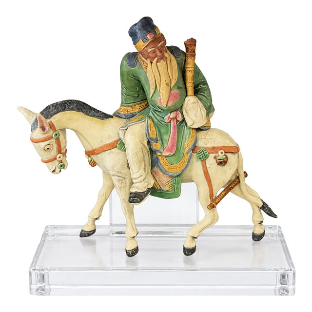 Early Chinese Immortal on Horseback Terracotta Roof Tile on Lucite - Figurine For Sale