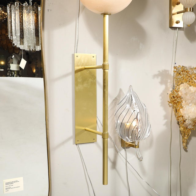 Modernist Hand-Blown Murano Glass Reverse Dome Form Brushed Brass Sconces For Sale - Image 4 of 18