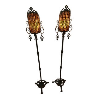 Slag Glass Shade Arts & Craft Floor Lamps - A Pair For Sale