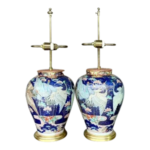 Vintage Asian Glazed Ceramic Crane Lamps - a Pair