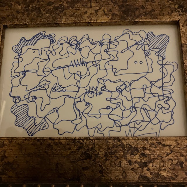 Original 4 x 6 blue ink drawing on cream colored paper Overall size with tabletop frame is 7.5 x 9.5