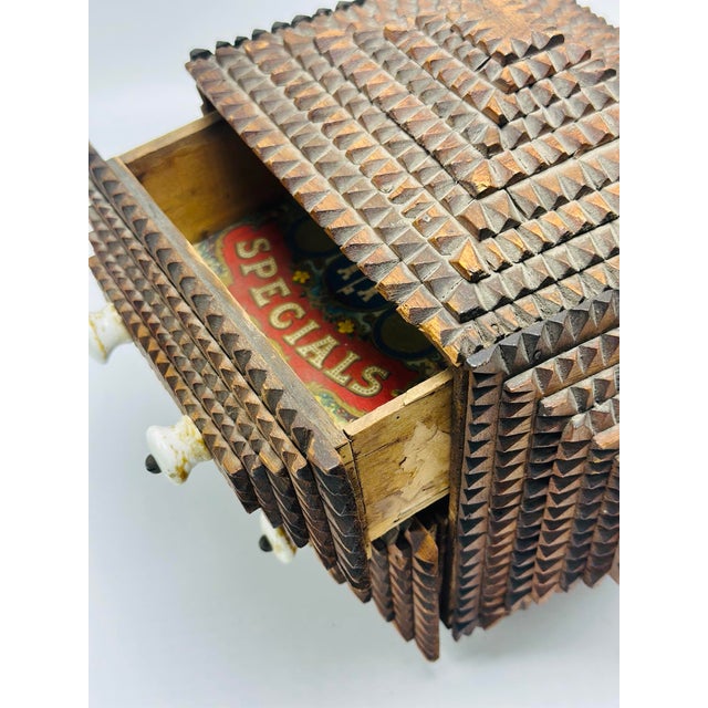 Brown Antique Tramp Art Box With Porcelain Feet For Sale - Image 8 of 9
