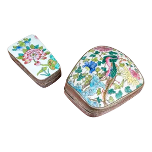 19th Century Antique Chinese Famille Rose Porcelain Covered Silvered Box—A Pair