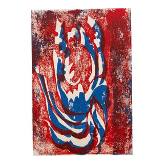 1960s Red & Blue Abstract Woodblock Print For Sale