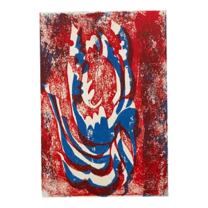 1960s Red & Blue Abstract Woodblock Print