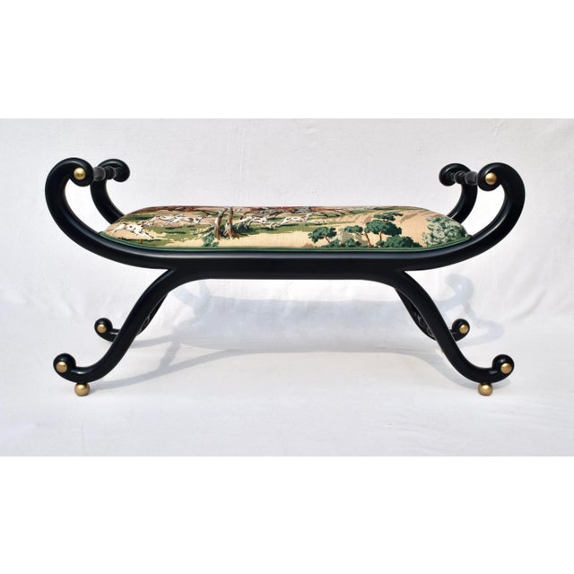 A fully restored English Regency style bench with new linen upholstery depicting an equestrian fox hunting scene. The...