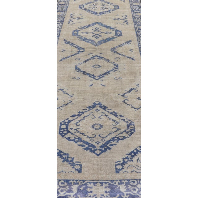 Cream Turkish Oushak Gallery Rug in Blue and Cream With Geometric Design 4'6 X 12'6 For Sale - Image 8 of 12