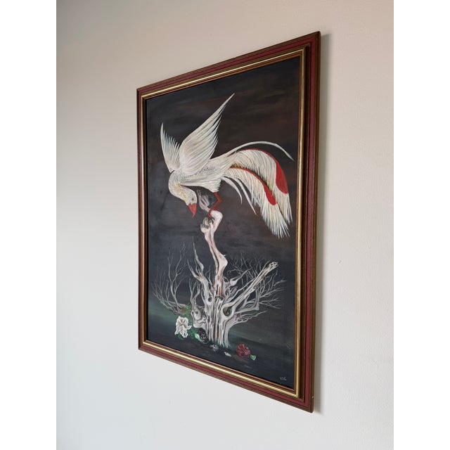 1970s Vintage Surrealist Bird & Tree Oil on Canvas Painting, Framed, Signed b.d.c. For Sale - Image 4 of 12