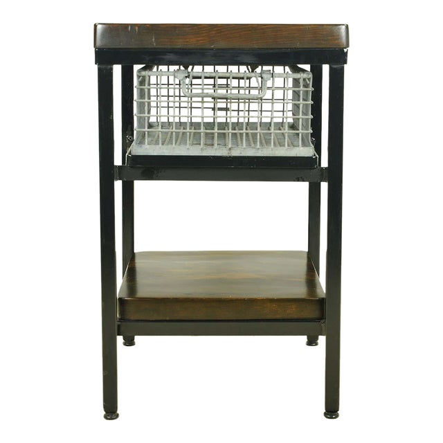 Handcrafted Pine Top Steel Side Storage Table For Sale