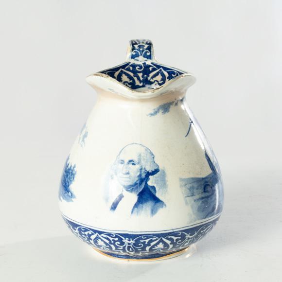 Ceramic Antique Buffalo Pottery Blue and White Geroge Washington Mount Vernon Transferware Pitcher For Sale - Image 7 of 7