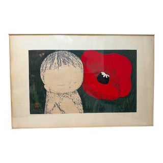 Vintage Japanese Kawano Kaoru Poppy Modernist Woodblock Print Pop Listed For Sale
