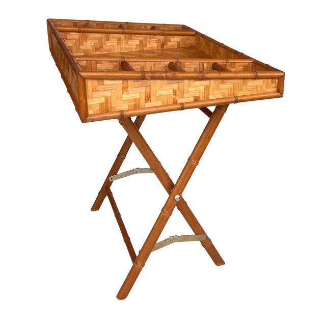 Wood Vintage Bamboo and Woven Rattan Folding Butler Tray Stand, Coastal Campaign For Sale - Image 7 of 13