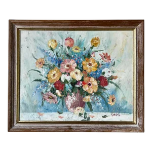 70's Vintage Kimble Still Life Oil Painting W/ Flowers on a Vase, Framed