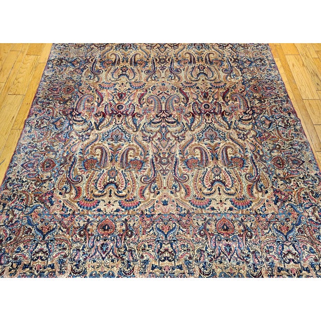 Antique Persian Kerman Lavar Rug, Hand-Knotted Wool, All-Over Floral Pattern, Ivory & Blue, 9x12 For Sale - Image 9 of 16