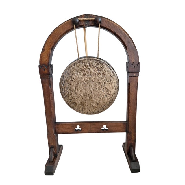 Late 19th century gothic revival oak freestanding dinner gong with silvered brass gong - yoga meditation this magnificent...