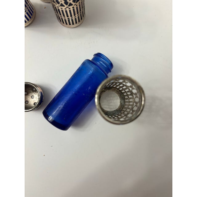 Mid 20th Century Collection of Vintage Cobalt Blue Glass Salt and Pepper Shakers With Silverplate Filigree For Sale In Kansas City - Image 6 of 11