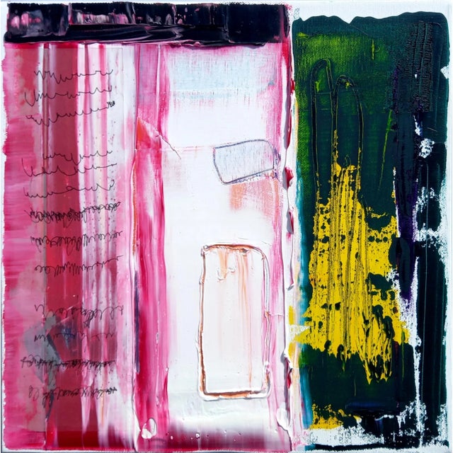 Fuchsia, Green, Yellow, and White Abstract Paintings by Diane Grant. Oil, pencil, and rice paper on canvas. Original...
