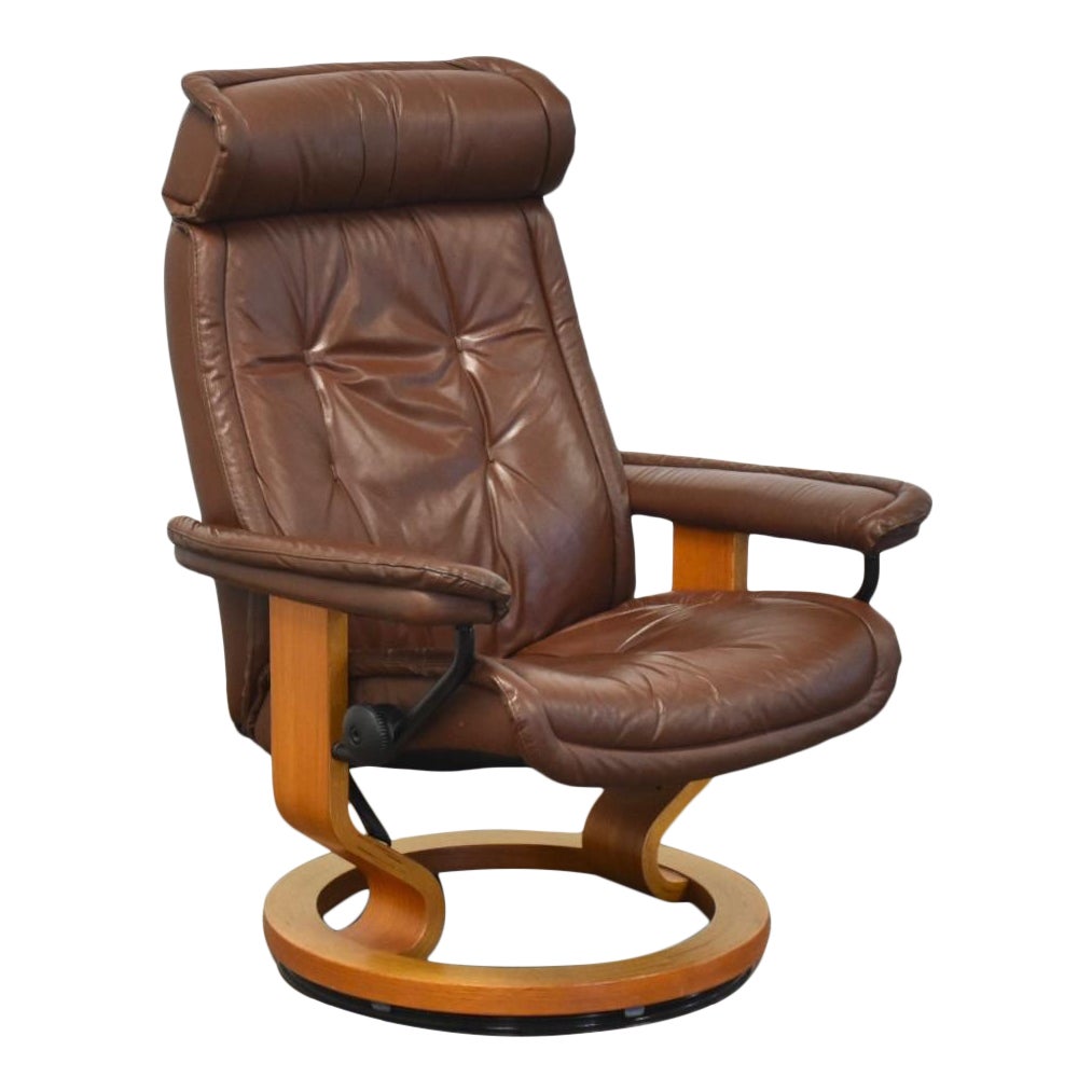 Ekornes Brown Leather Teak Stressless Recliner Chairish