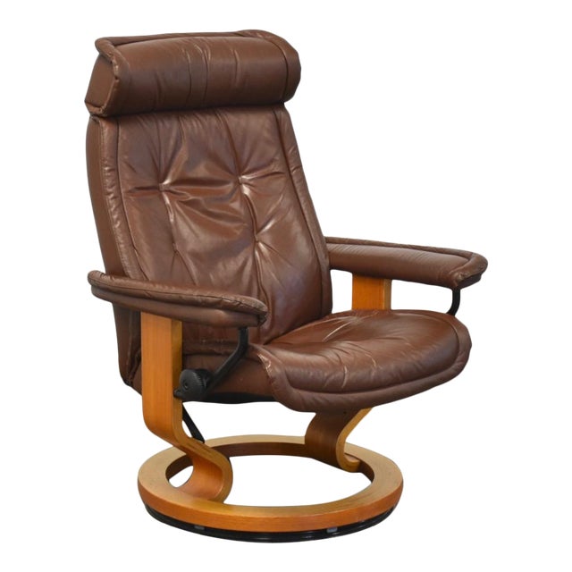 Ekornes Brown Leather Teak Stressless Recliner Chairish