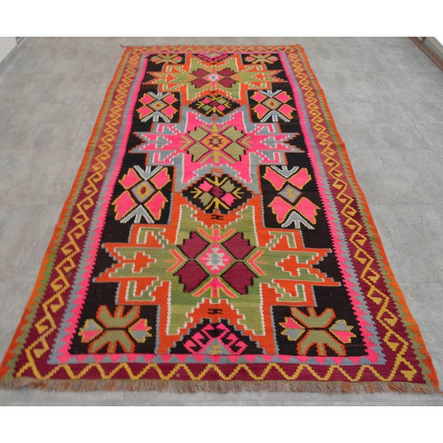 Vintage Turkish Kilim Runner Rug Hand Woven Wool Large Runner 4'8" X
