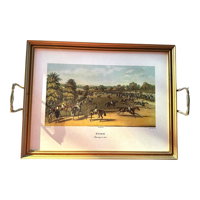 English Equestrian Racing Tray, Epsom: Preparing to Start, 17" × 13" For Sale