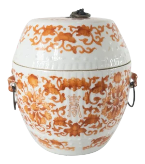 Mid 19th Century Chinese Iron Red Decorated Porcelain Drum Form Box