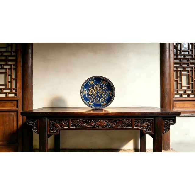 White Early 20th Century Chinese Ceramic Plate,Zhizheng Marked Blue Ground Golde Drawing Porcelain Plate Hand Painted Dragon Pattern For Sale - Image 8 of 10