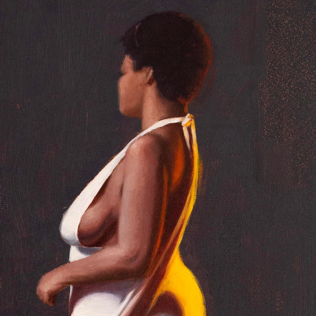 Contemporary Liquid Sunset II by Kirsten Savage | Oil on panel Woman in a flowing dress against a dark background For Sale - Image 3 of 5