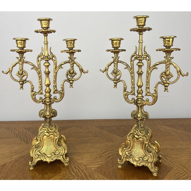Vintage French Brass Ornate Candleholders, Set of 2 For Sale - Image 12 of 13