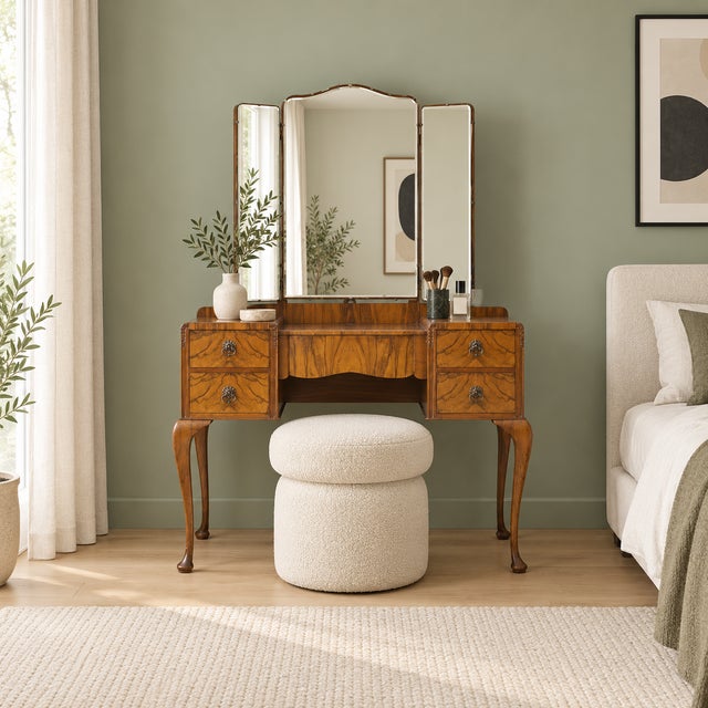 An elegant Art Deco walnut dressing table dating from the 1930s, featuring beautifully figured veneers, a shaped central...