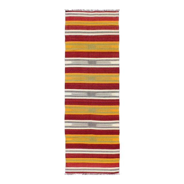 Mid 20th Century Mid 20th Century Vintage Turkish Kilim Runner With Stripes in Red Green Yellow Ivory and Gray For Sale
