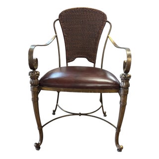 Vintage Maitland-Smith Bronze Finish Metal Armchair With Cane Back and Leather Seat For Sale