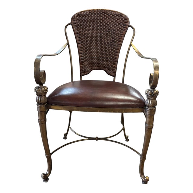 Vintage Maitland-Smith Bronze Finish Metal Armchair With Cane Back and Leather Seat For Sale