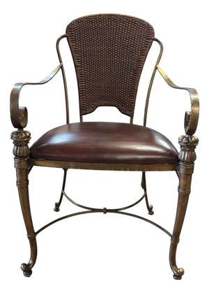 Vintage Maitland-Smith Bronze Finish Metal Armchair With Cane Back and Leather Seat
