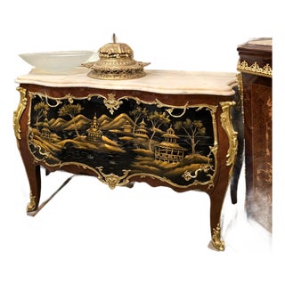 Grand French Chinoiserie Bombe Commode With Marble Top, Hand-Painted Landscape & Gold Leaf Accents For Sale
