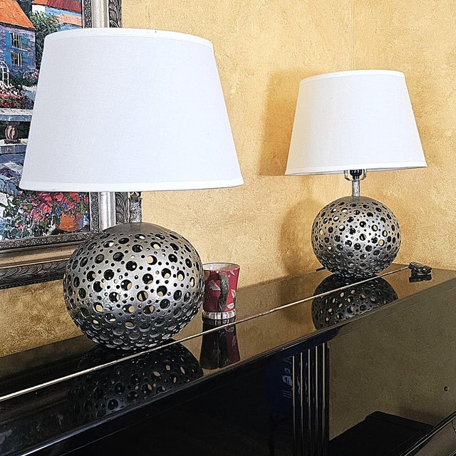 Pair of Pierced Pewter Globe Table Lamps With Shades For Sale - Image 13 of 18