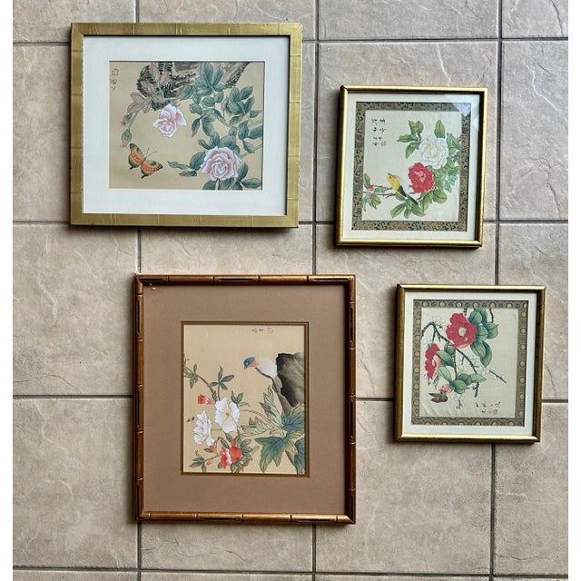 Collection Four Asian Japanese Silk Watercolor Framed Paintings For Sale - Image 18 of 18